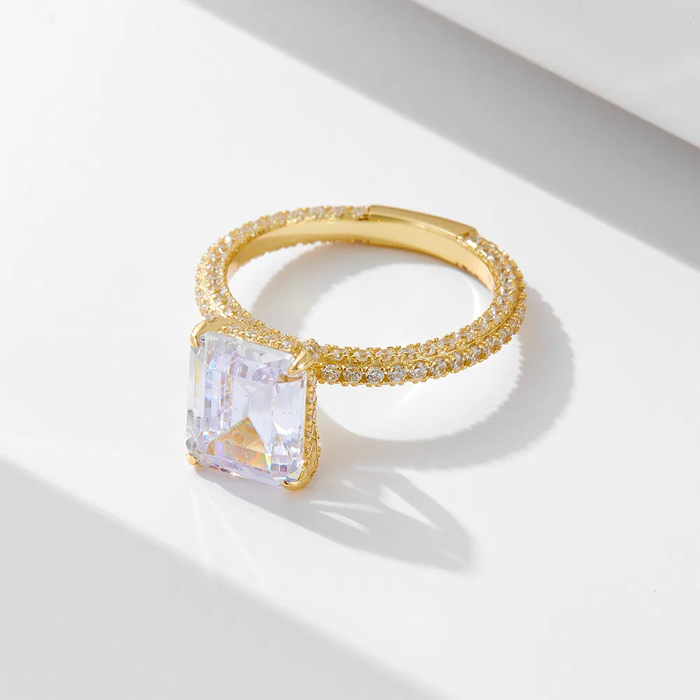 New Trendy Fine Jewelry Rhodium Plated 925 Sterling Silver Emerald Cut Shiny Cubic Zircon Diamond Engagement Ring for Women Men