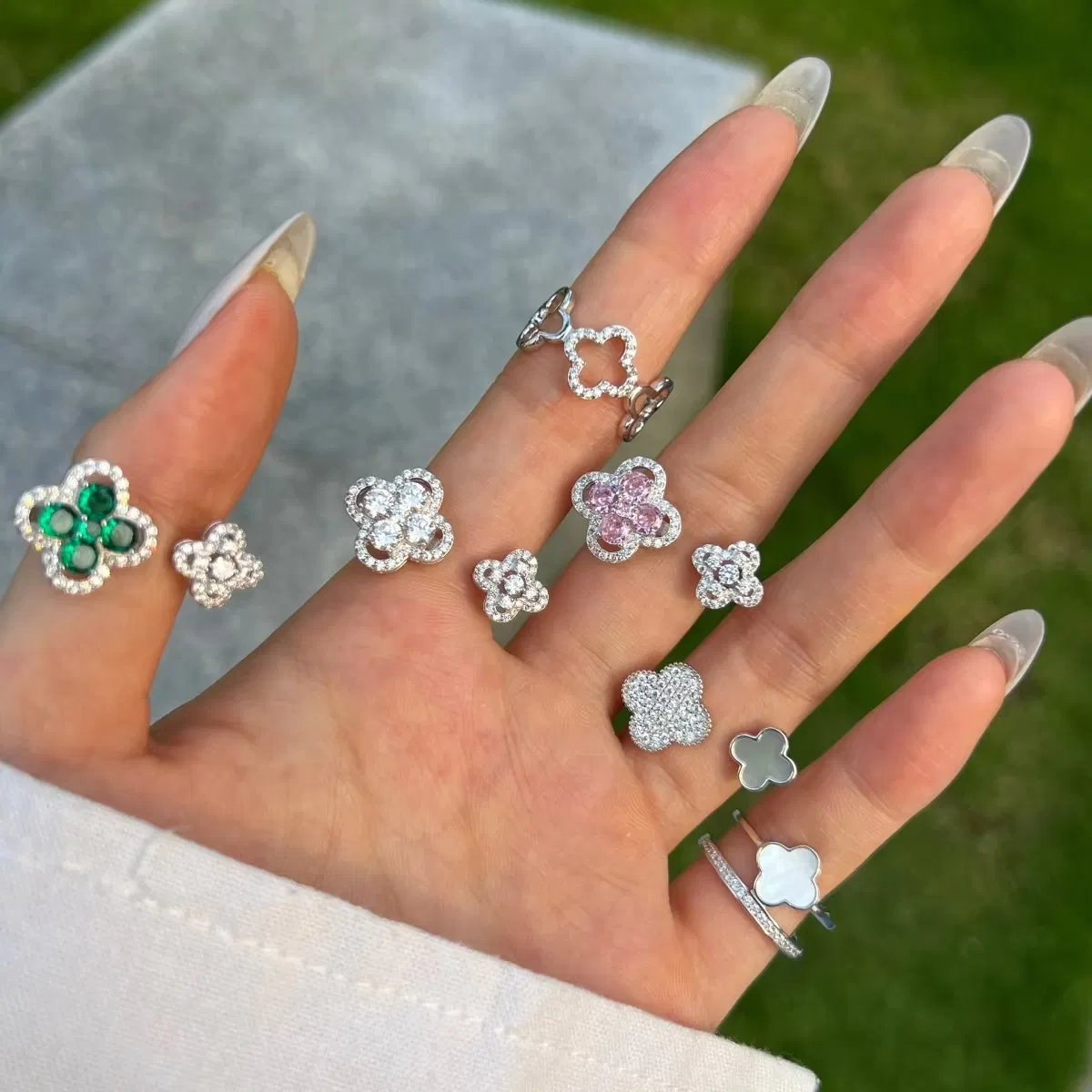 Custom CZ 18K Gold Plated Trendy Stacking Ring 925 Sterling Silver Adjustable Open Four Leaf Clover Rings Jewelry for Women