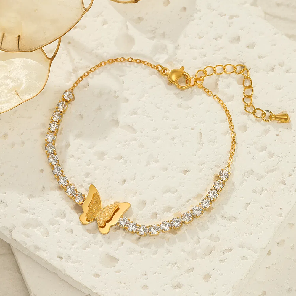 Stainless Steel Cubic Zirconia Gold Tennis Chain Butterfly Charm Bracelet