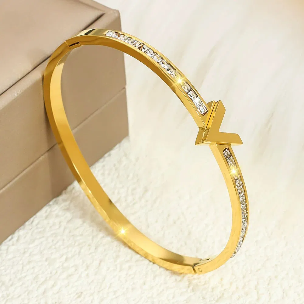 Fashion Jewelry Bracelets Bangles Charm Bracelet Stainless Steel Jewelry Luxury 14K Gold Color Chunky Zircon Cuff Bangles