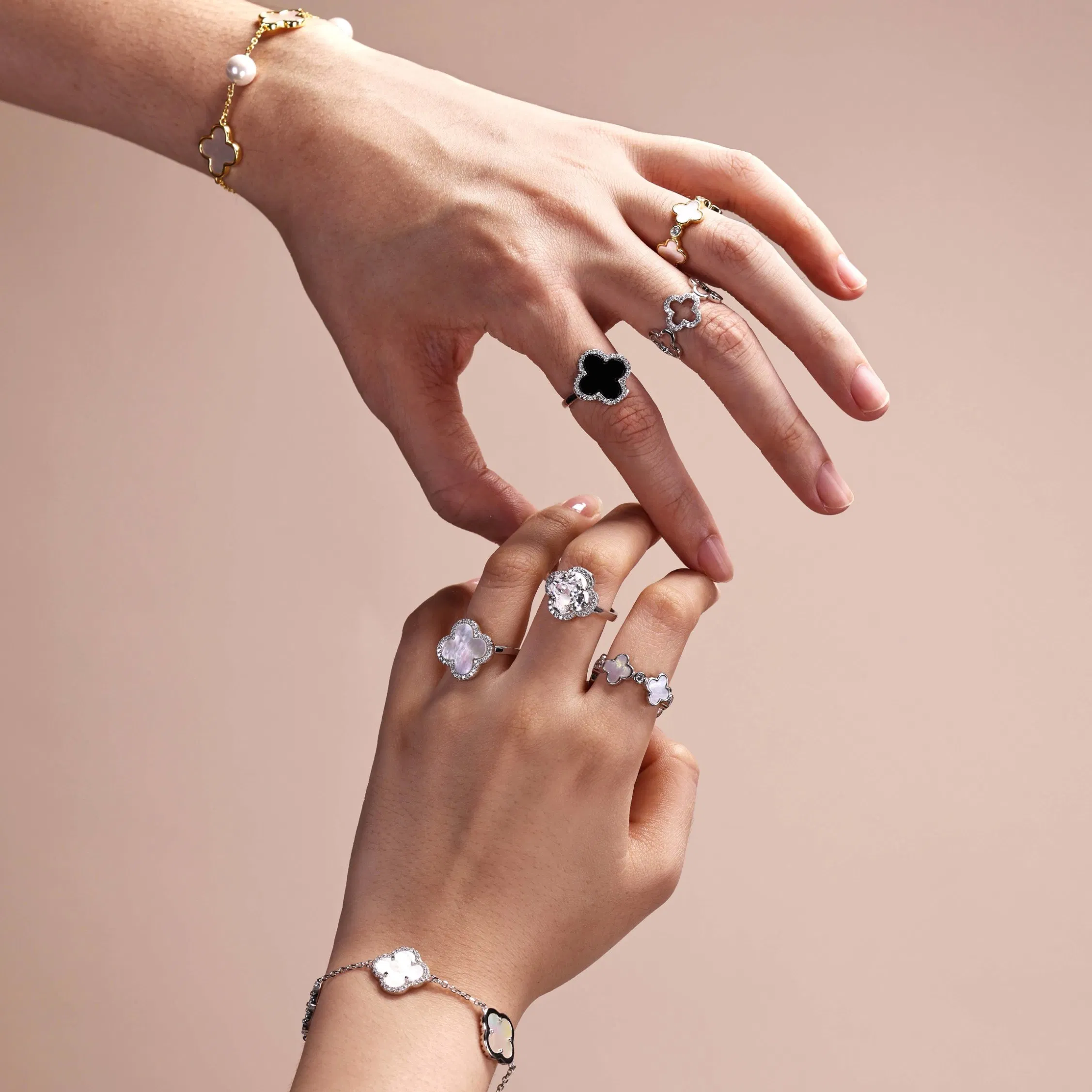 Custom CZ 18K Gold Plated Trendy Stacking Ring 925 Sterling Silver Adjustable Open Four Leaf Clover Rings Jewelry for Women