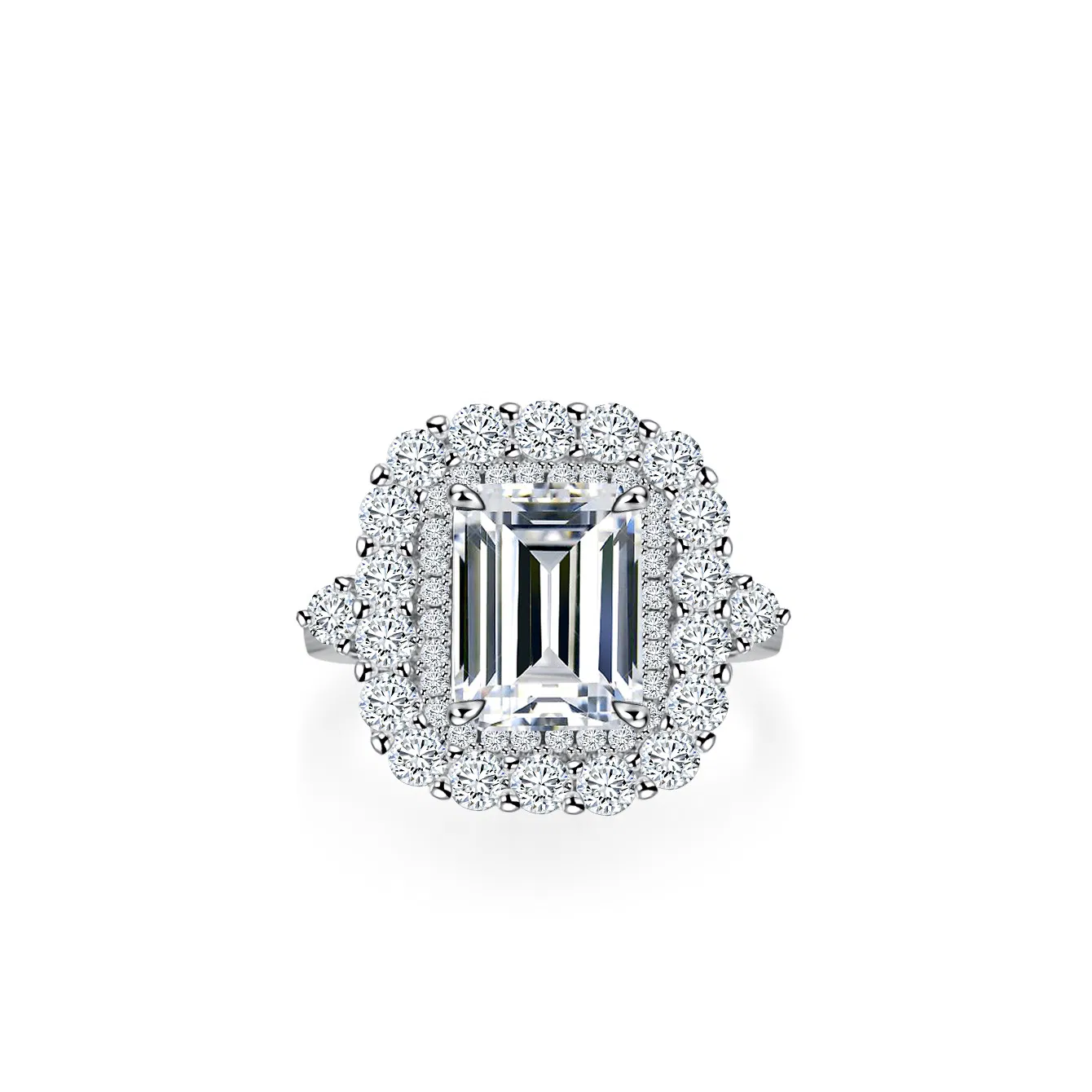 Hot Sale Women's S925 Silver Engagement Wedding Rings with Emerald Cut 3CT Diamond &amp; Moissanite Gold Plated Adjustable