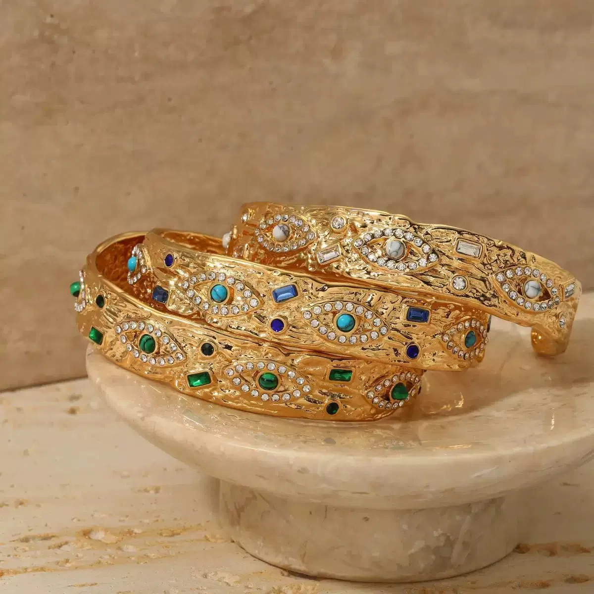 Exquisite Gem - Embellished Gold Cuff Bracelets- Goers with Colorful Stone Inlays