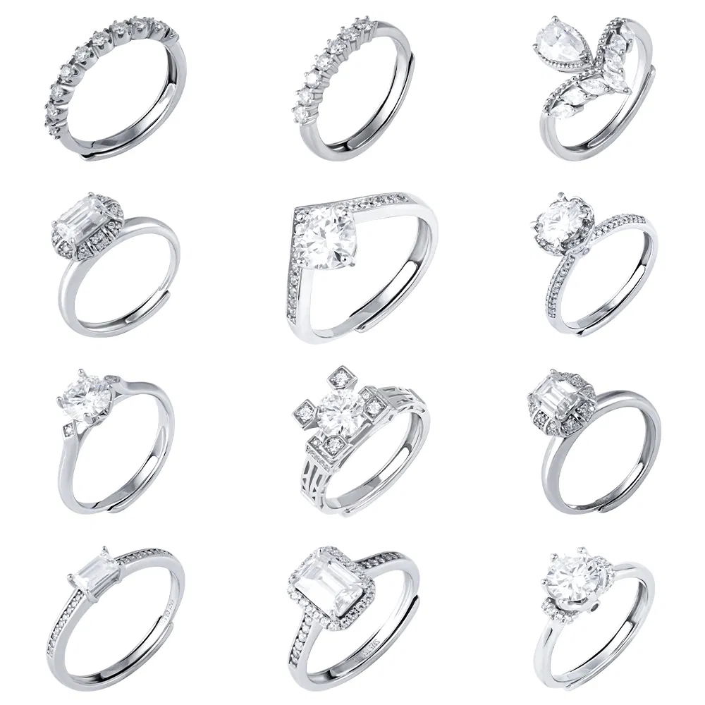 Wholesale Jewelry Women Gra Certificate Cut Vvs Diamond Moissanite Engagement Wedding Set 925 Sterling Silver Adjustable Rings