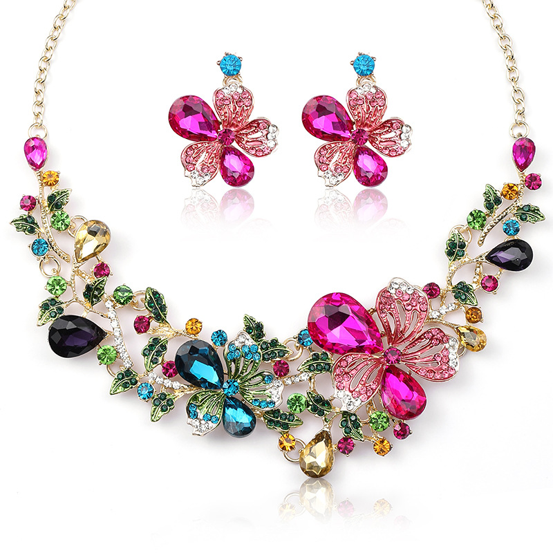 Fashion Bridal Necklace Set Luxury Colorful Flower Gemstone Earrings Jewelry