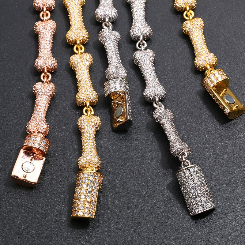 New Rose Gold Silver Color Bone Spike Open Cuff Bangle Micro Paved Bling AAA Cubic Zirconia Bracelet Men Hip Hop Jewelry