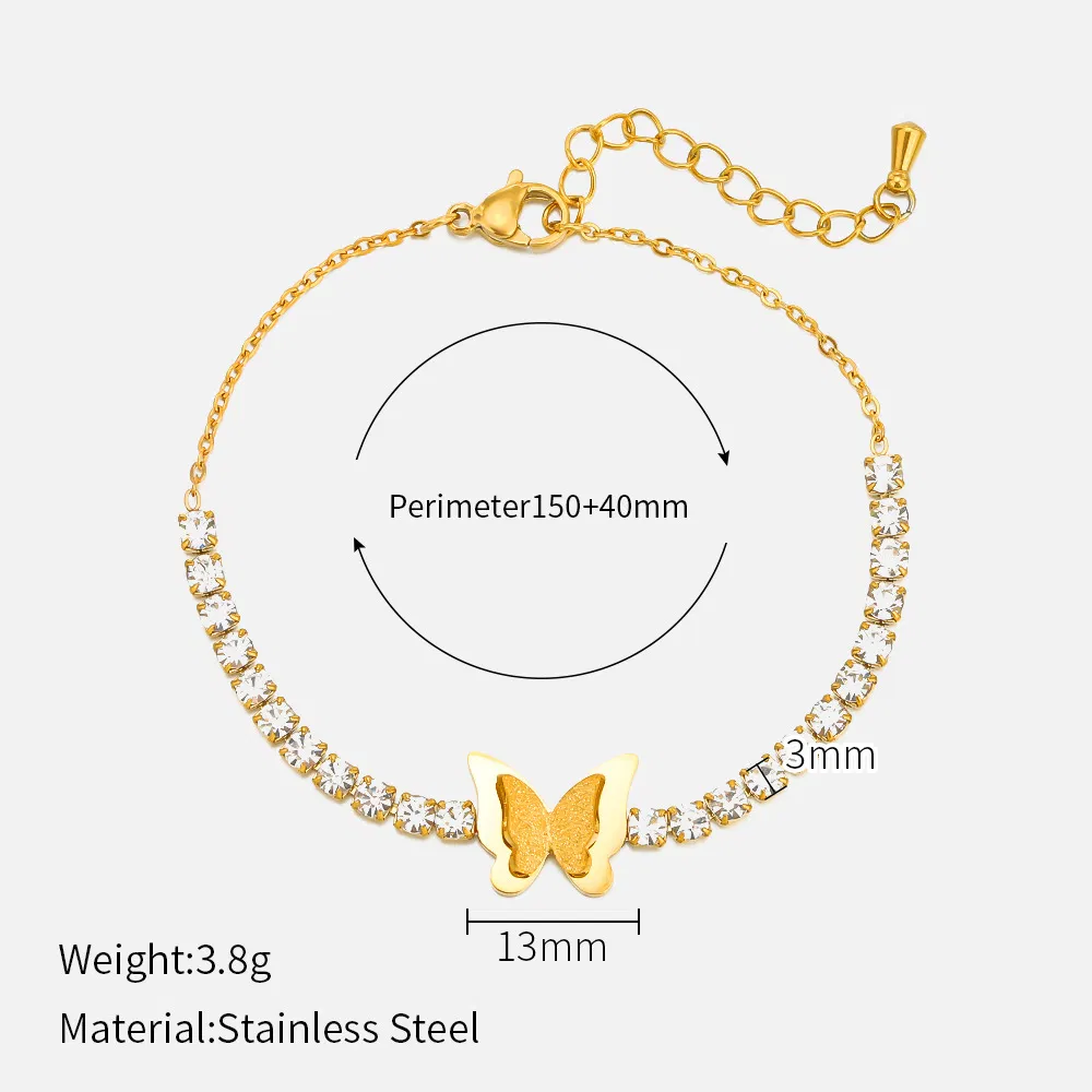 Stainless Steel Cubic Zirconia Gold Tennis Chain Butterfly Charm Bracelet