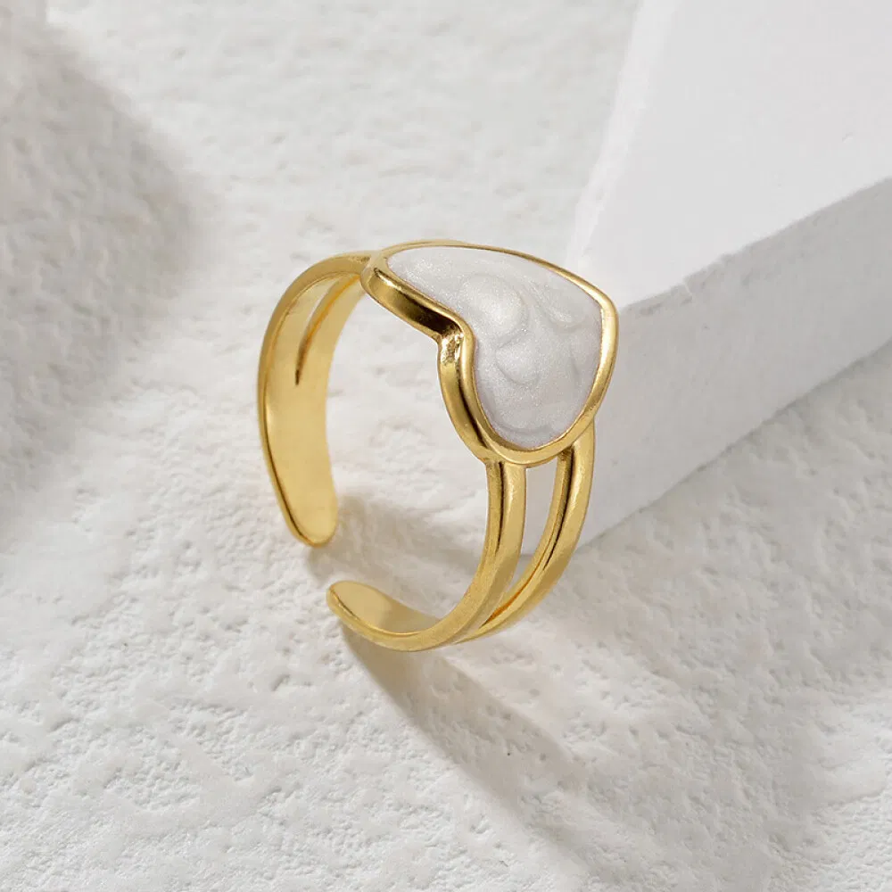 Fashion PVD Gold Plated Open Stainless Steel Enamel Engagement Diamond Jewelry Heart Rings
