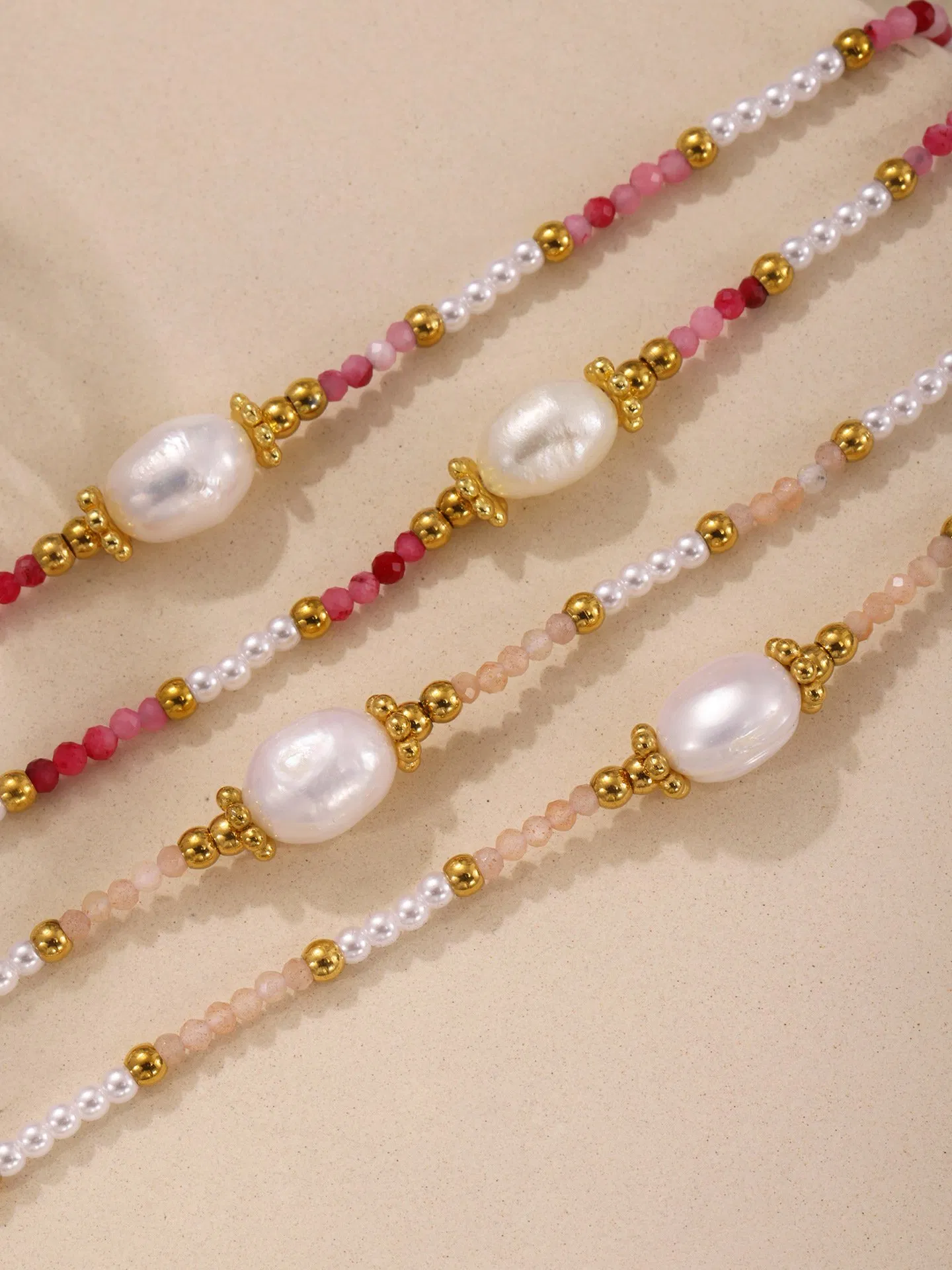 French Small Bezel Cut Natural Stone Handmade Chain Rice Bead Necklace Art Romantic Necklace