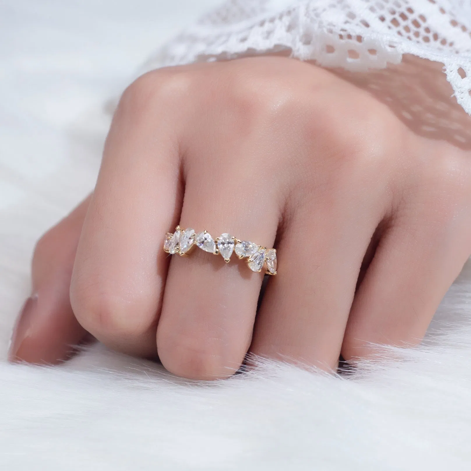 18K Real Solid Gold Fancy Cut Certified Diamond Women Eternity Engagement Ring