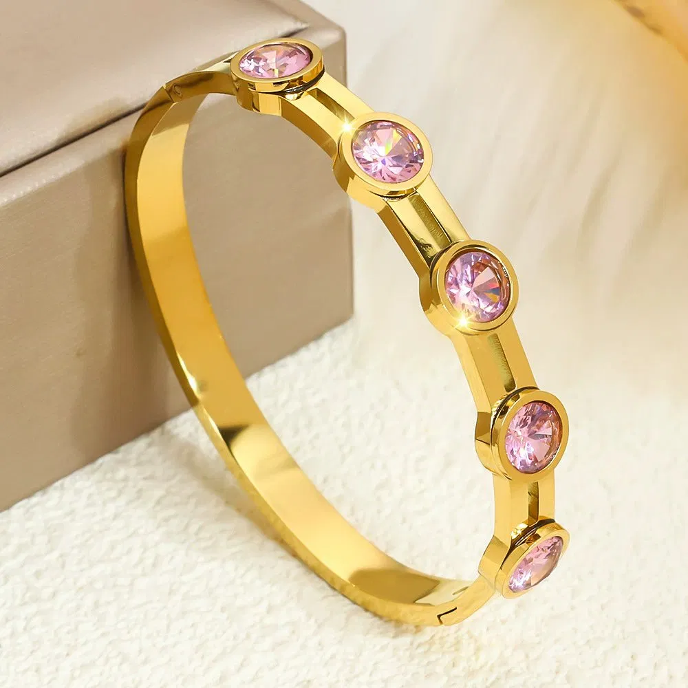 Fashion Jewelry Bracelets Bangles Charm Bracelet Stainless Steel Jewelry Luxury 14K Gold Color Chunky Zircon Cuff Bangles