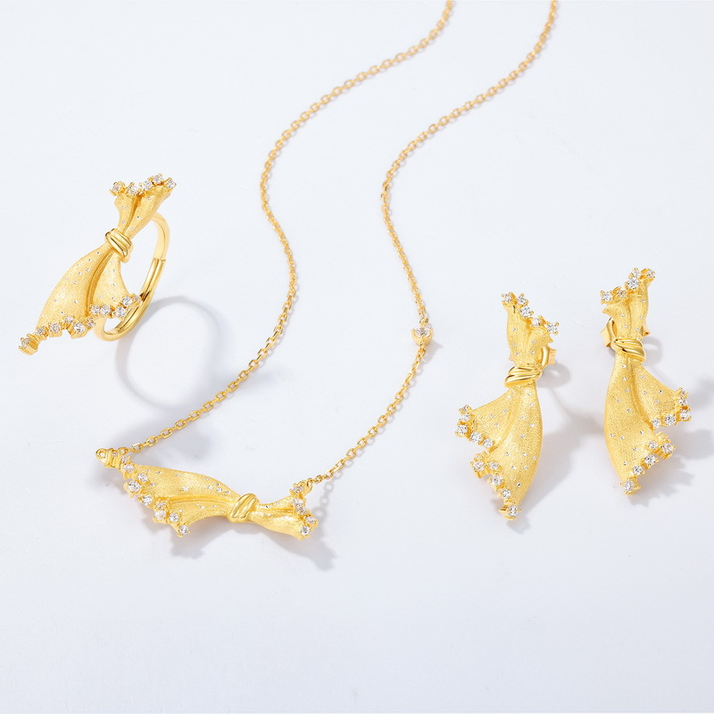 Gold Plated Sterling Silver Original Design Art Butterfly Open Ring Butterfly Necklace Women's Elegant Sets Jewelry