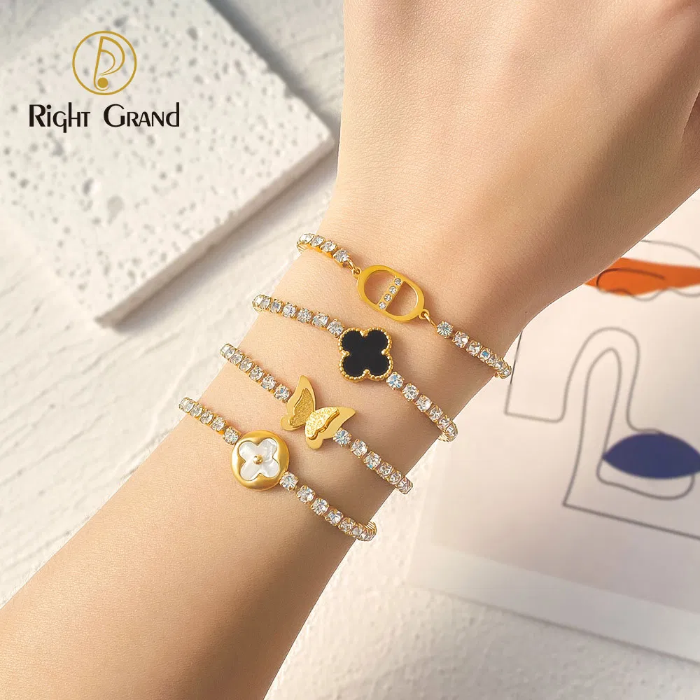 Stainless Steel Cubic Zirconia Gold Tennis Chain Butterfly Charm Bracelet