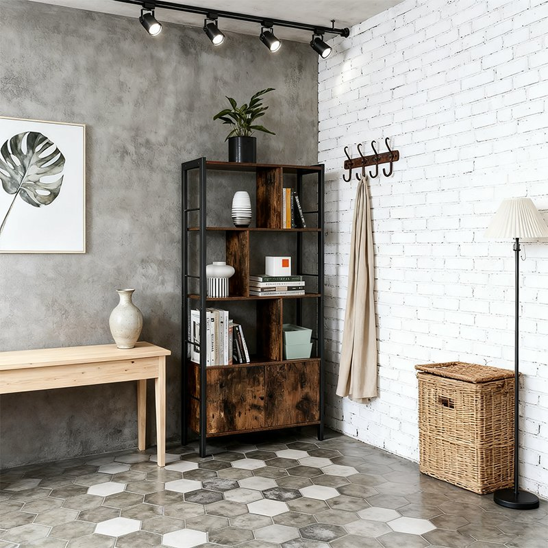 Factory Made Stylish Vintage Brown 4 Open Shelves Bookcase Sturdy Steel Frame Industrial Cabinet for Living Room