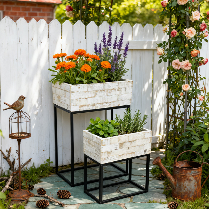 Popular Set of 2 Metal Wood Flower Stand Potted Holder Rack Plant Stand Plant Shelf for Garden and Home Decoration