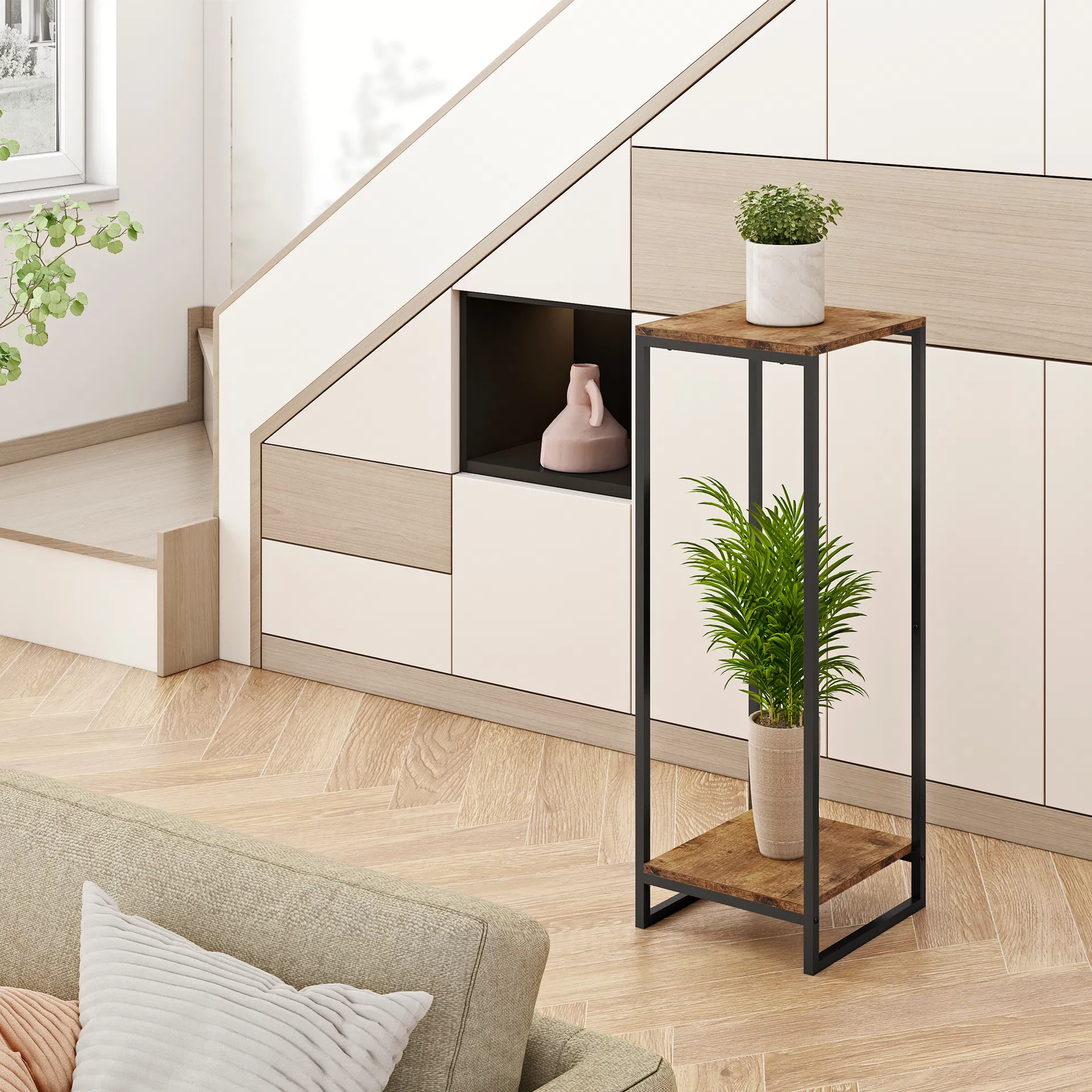2-Tier Brown Indoor Corner Plant Stand