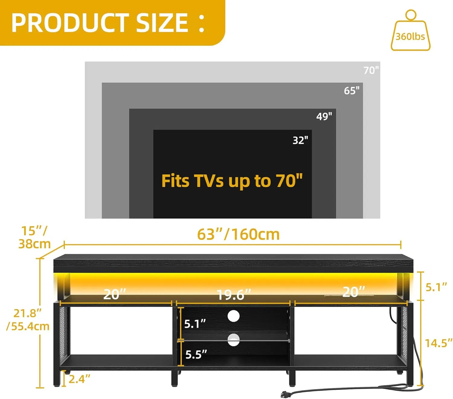 Black Modern Television Stand Industrial Media TV Console Cabinet with Power Outlets