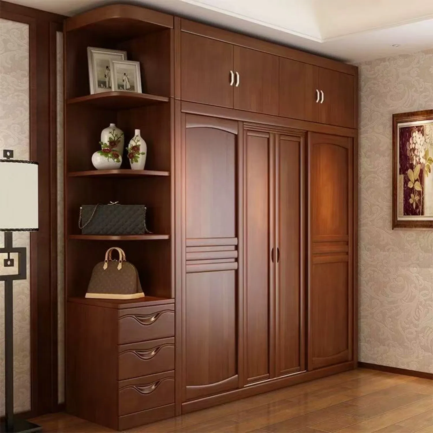 Vintage Chinese Style Glass Sliding Wardrobe, Bedroom Wardrobe, Customizable in Colors and Styles