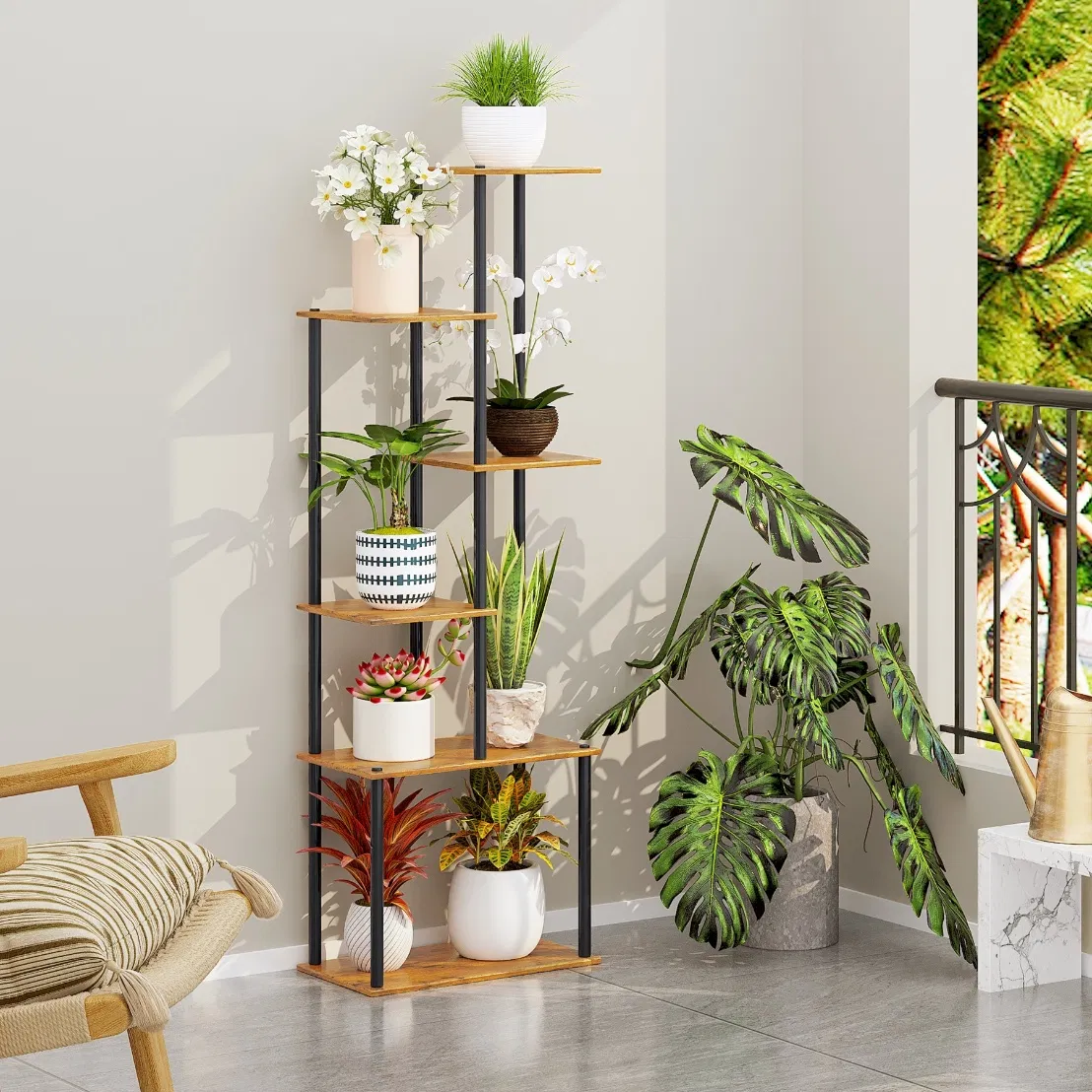 6-Tier Indoor Brown Tall Flower Pot Rack Plant Stand for Home