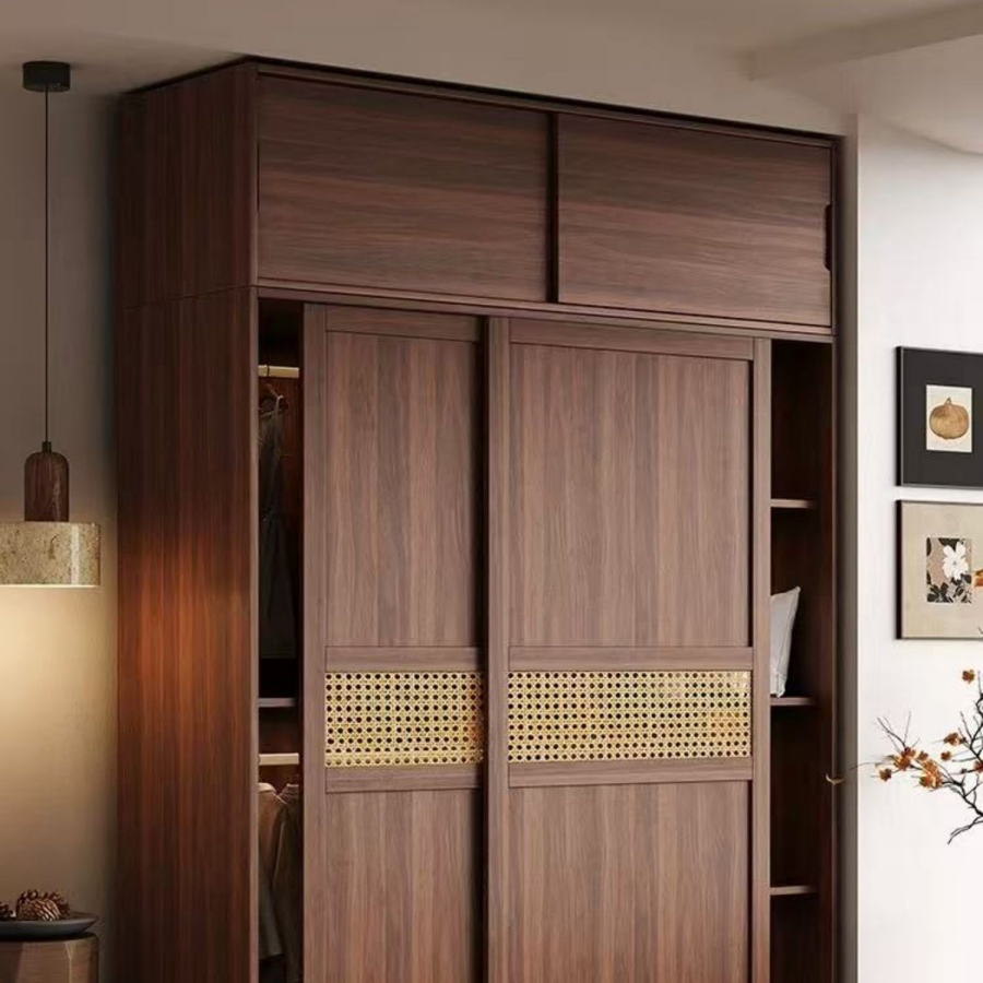 Modern Chinese Style Custom Sliding Door Solid Wood Wardrobe, Suitable for Small Apartments, Space-Saving Bedroom Storage