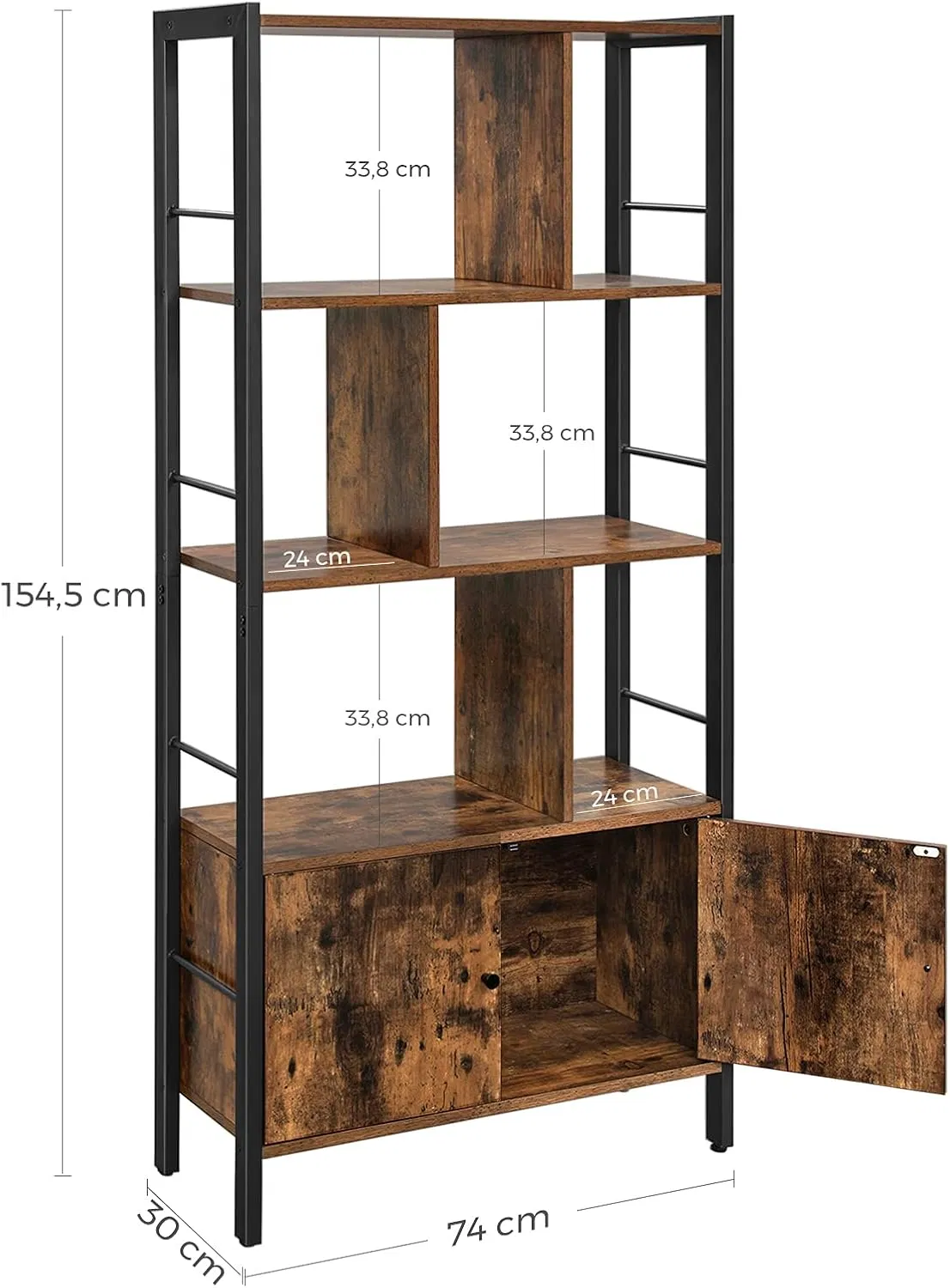 Factory Made Stylish Vintage Brown 4 Open Shelves Bookcase Sturdy Steel Frame Industrial Cabinet for Living Room
