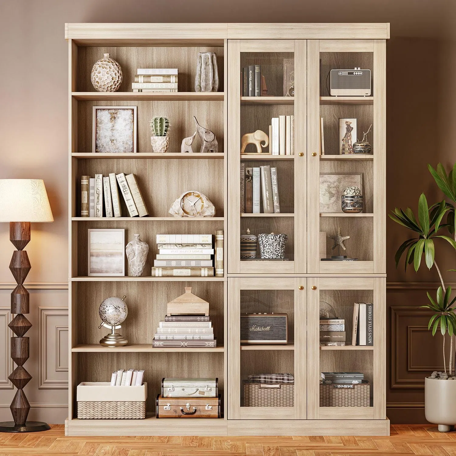 Farmhouse Large Storage Cabinet Display Bookcase with Glass Doors and Shelves
