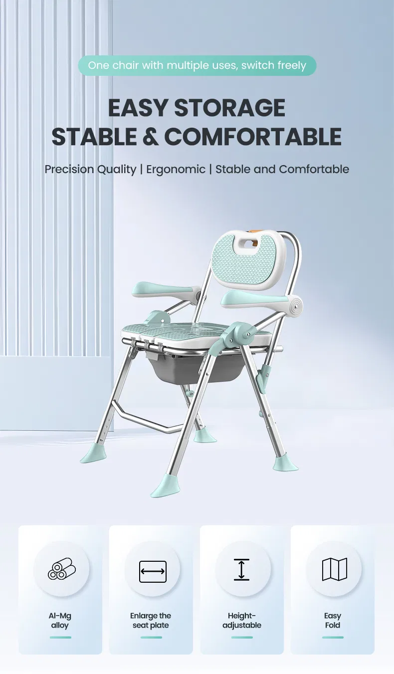 Adjustable Height Folding Commode Shower Chair Designed for Elderly &amp; Mobility Support