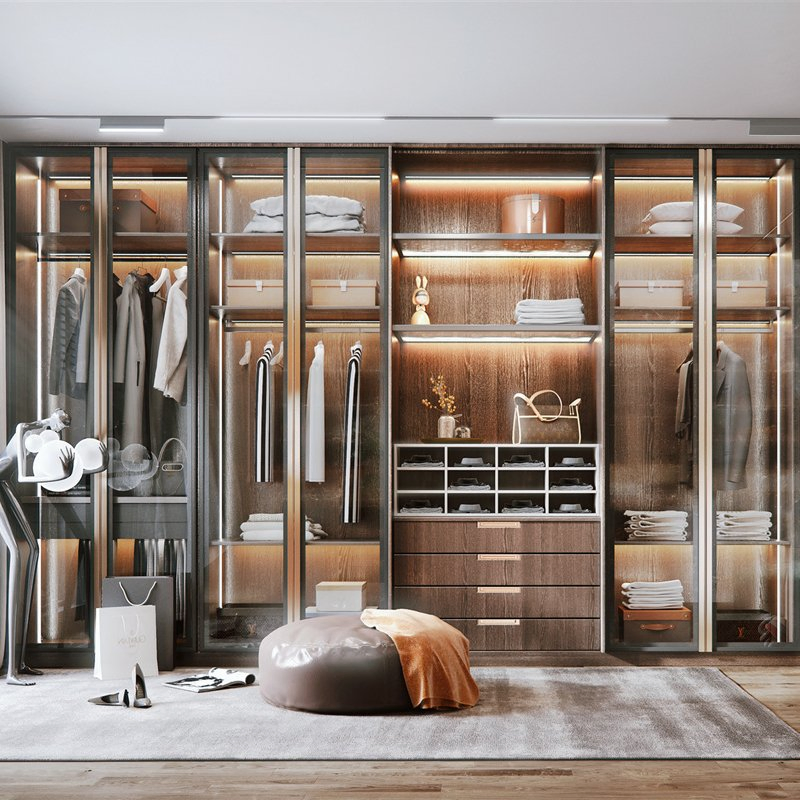 Chinese Modern Luxury Tempered Glass Closets Bedroom Furniture Swing Door Hotel Apartment Bulk Wardrobe with LED
