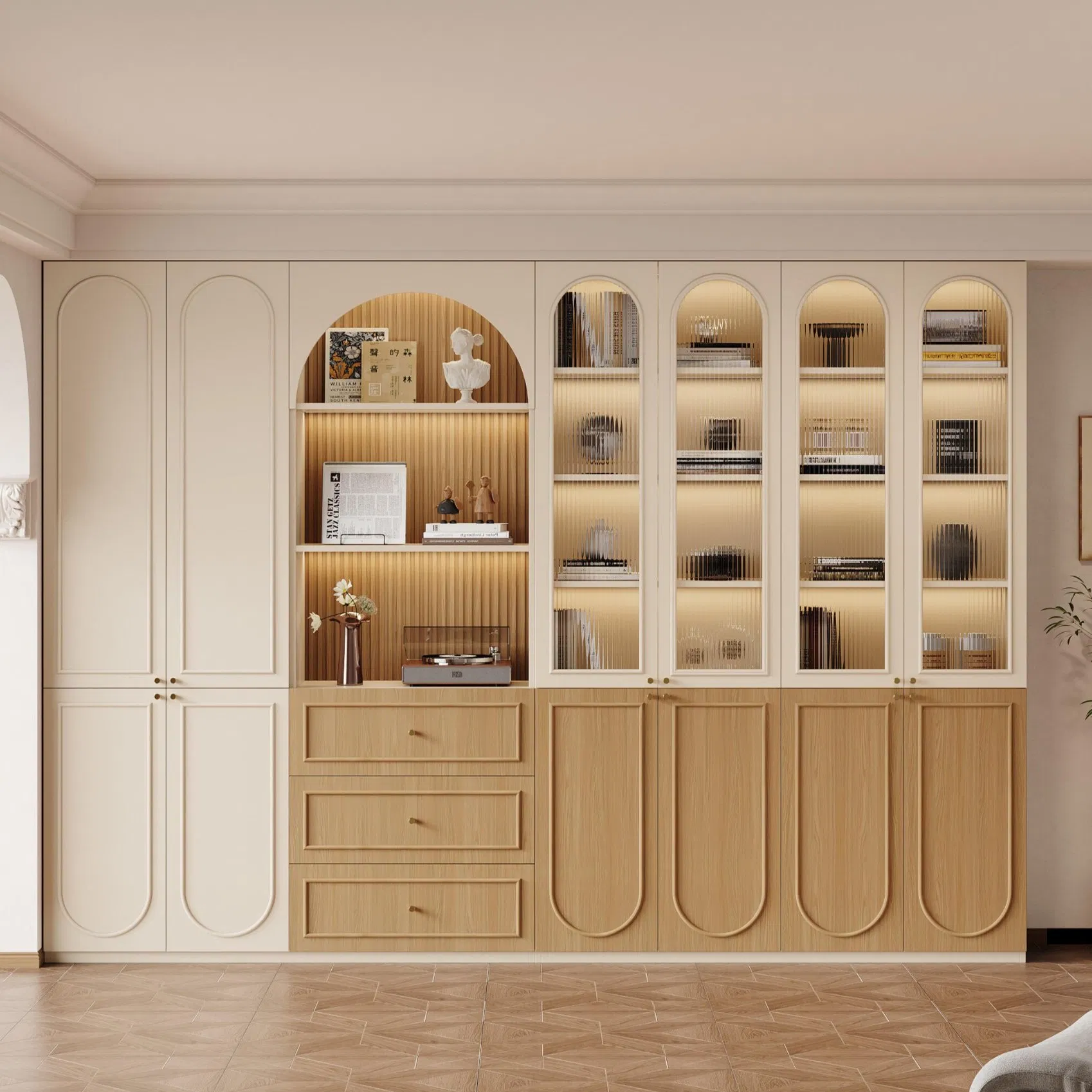 Light French Style White Curved Door Frame with Light and Desk Open Area Custom Size Design Custom Wooden Bookcase