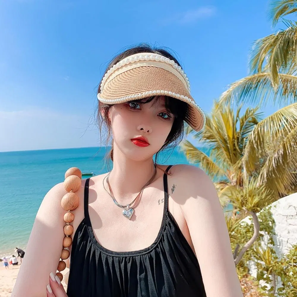 Ladies Outdoor Wide Brim Visor Hat Beach Hat Empty Top Straw Hat Summer Sun Cap Wyz20566