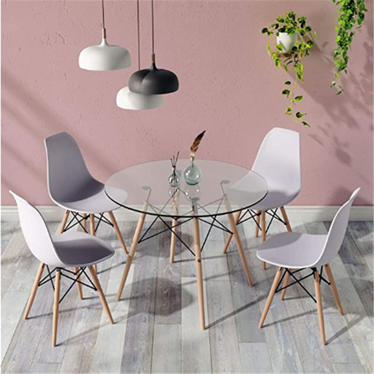 Chinese Modern Restaurant/Home/Office Furniture Tempered Glass Rectangle Dining Table with Solid Wood Legs