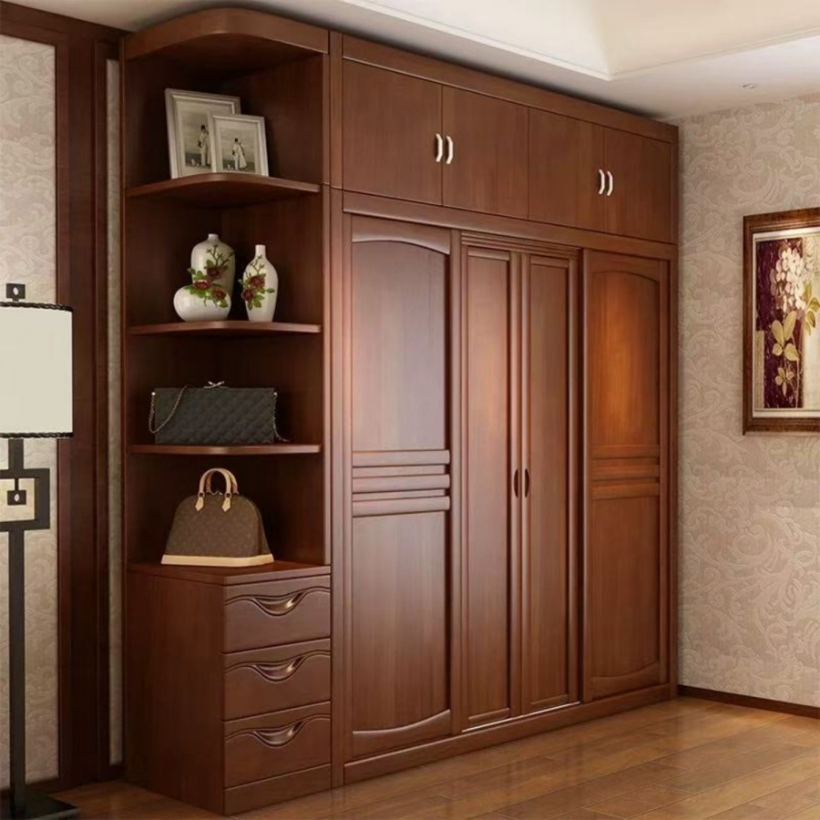 Modern Chinese Style Custom Sliding Door Solid Wood Wardrobe, Suitable for Small Apartments, Space-Saving Bedroom Storage