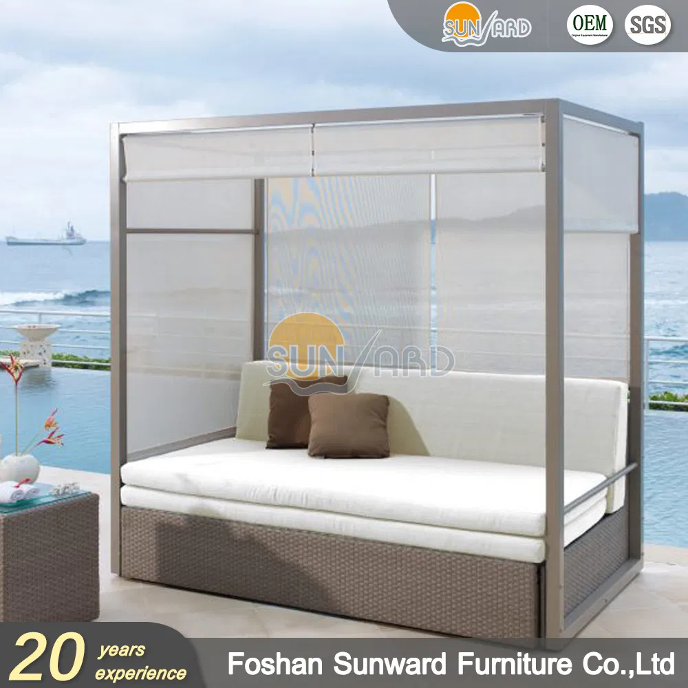 Modern Chinese Customized Outdoor Garden Hotel Home Resort Villa Project Balcony Leisure Aluminum PE Wicker Furniture Sofa Daybed with Canopy