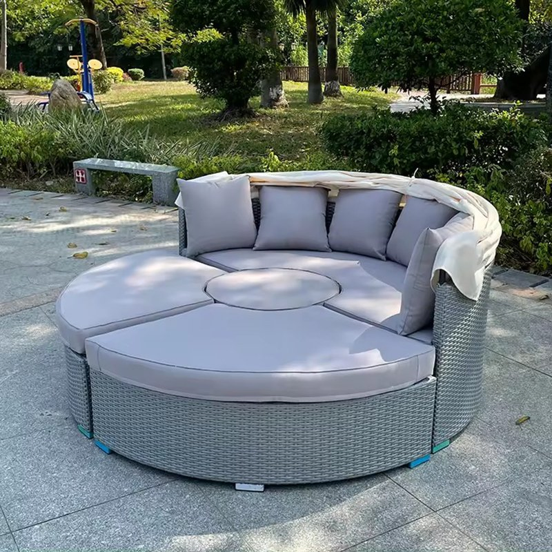 Modern Garden Furniture Rattan Swimming Pool Sunbed Round Combination Outdoor Daybed with Canopy