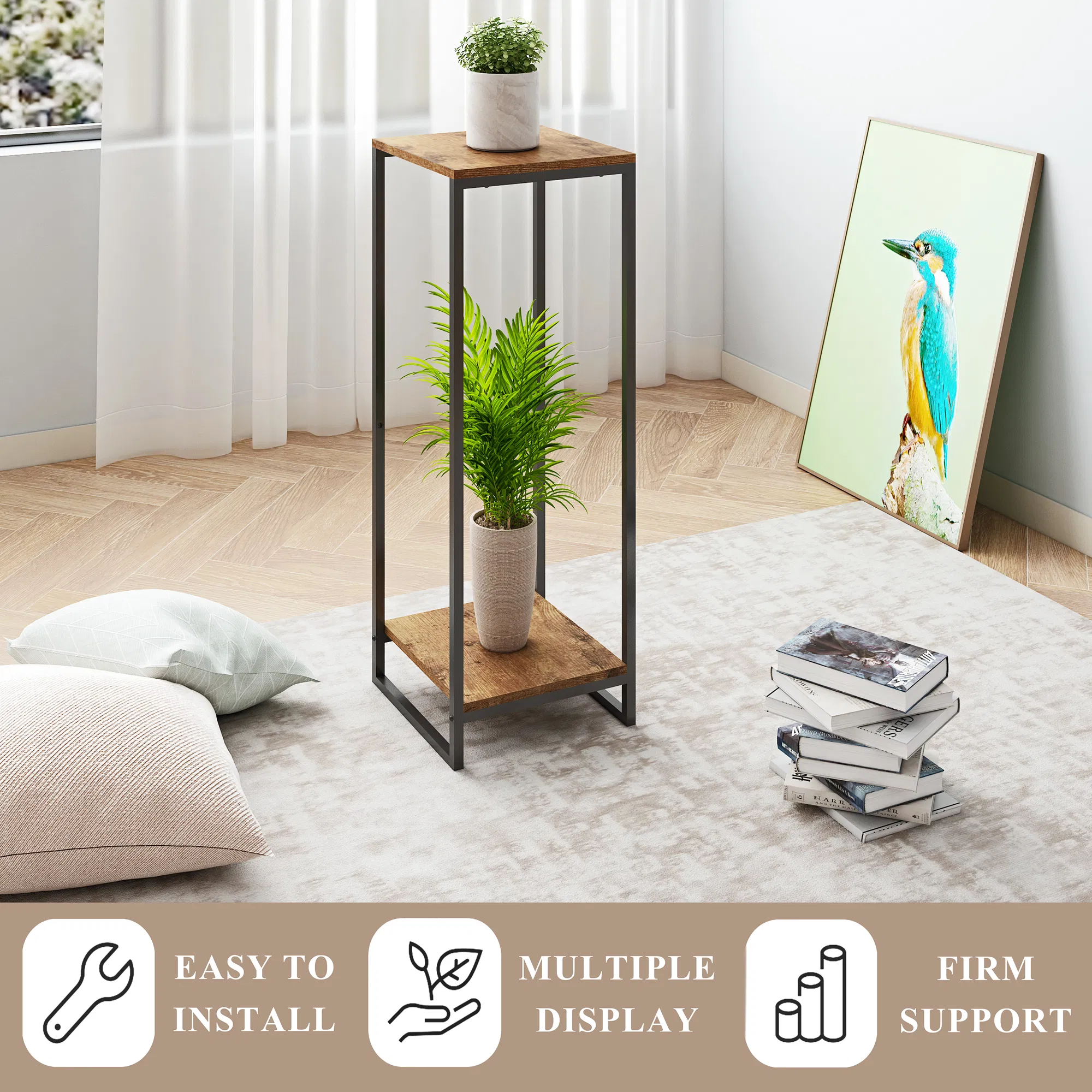 2-Tier Brown Indoor Corner Steel Wood Flower Plant Stand