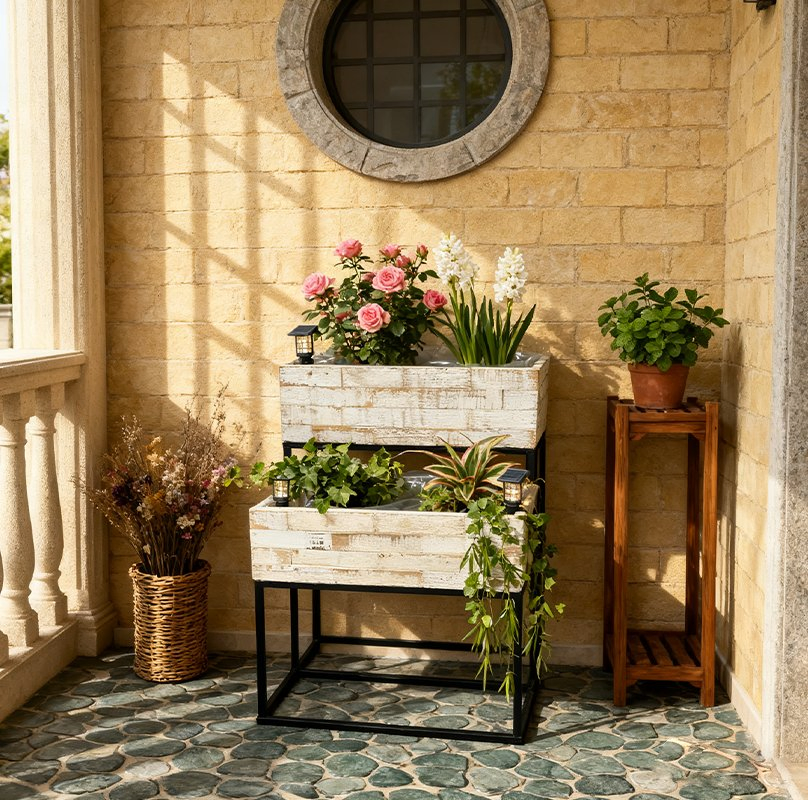 Popular Set of 2 Metal Wood Flower Stand Potted Holder Rack Plant Stand Plant Shelf for Garden and Home Decoration