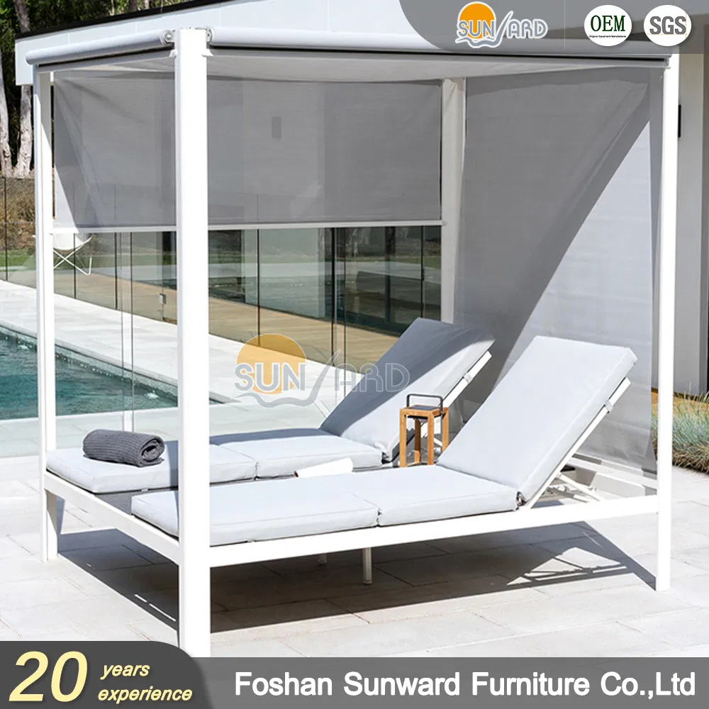 Modern Chinese Customized Outdoor Garden Hotel Home Resort Villa Project Balcony Leisure Aluminum PE Wicker Furniture Sofa Daybed with Canopy