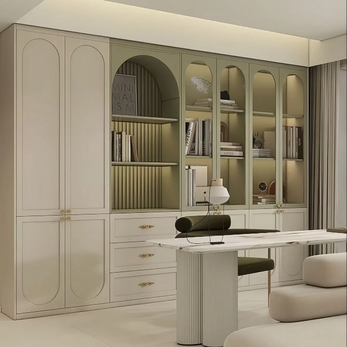 Light French Style White Curved Door Frame with Light and Desk Open Area Custom Size Design Custom Wooden Bookcase