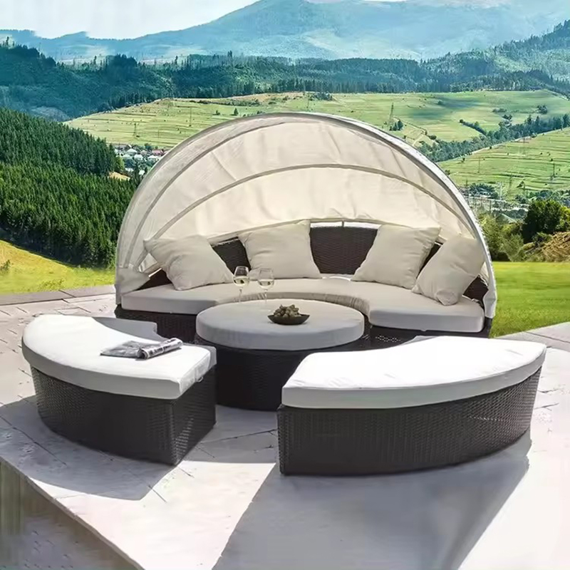 Modern Garden Furniture Rattan Swimming Pool Sunbed Round Combination Outdoor Daybed with Canopy