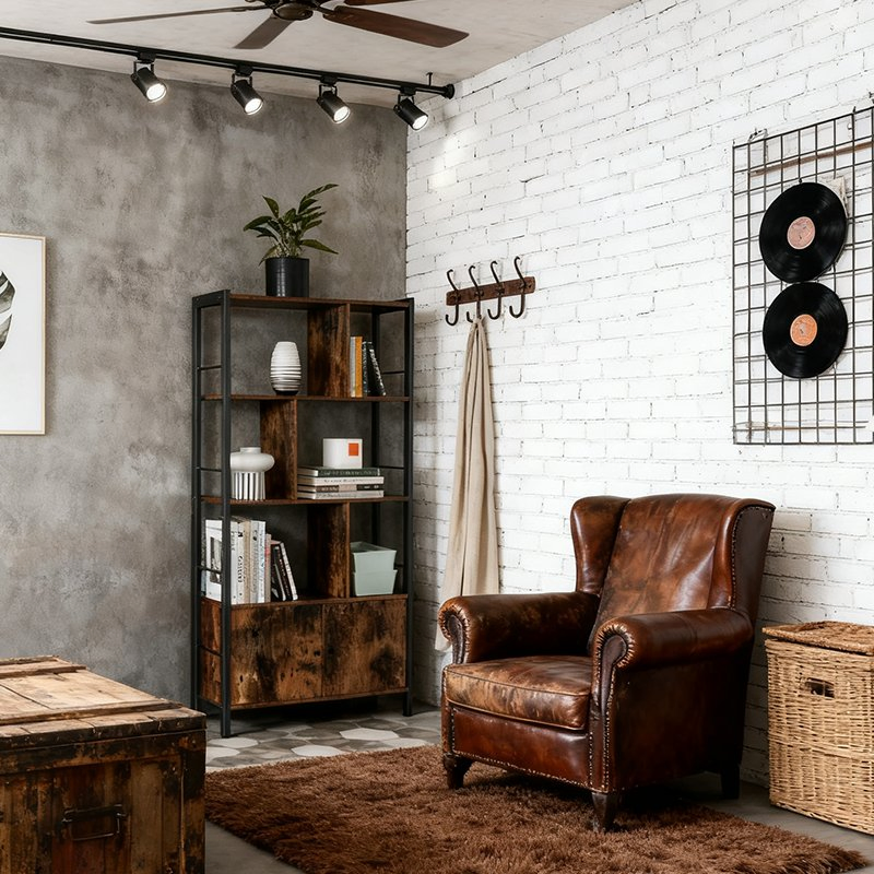 Factory Made Stylish Vintage Brown 4 Open Shelves Bookcase Sturdy Steel Frame Industrial Cabinet for Living Room