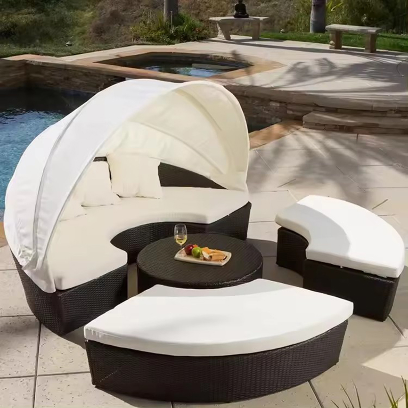 Modern Garden Furniture Rattan Swimming Pool Sunbed Round Combination Outdoor Daybed with Canopy