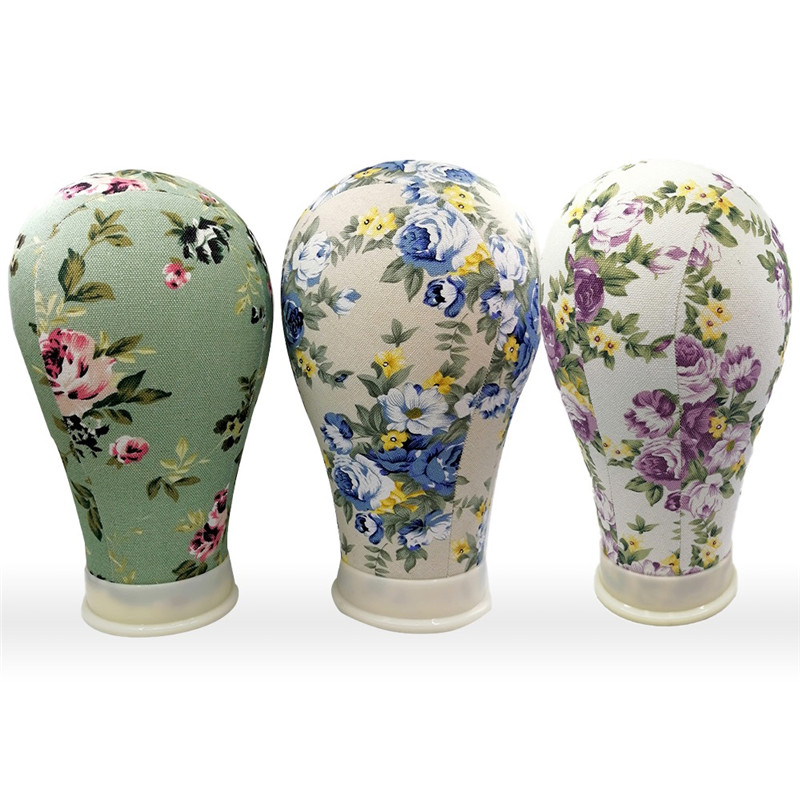 Print Flower Canvas Covered Block Mannequin Wig Stand Head Training Doll Head