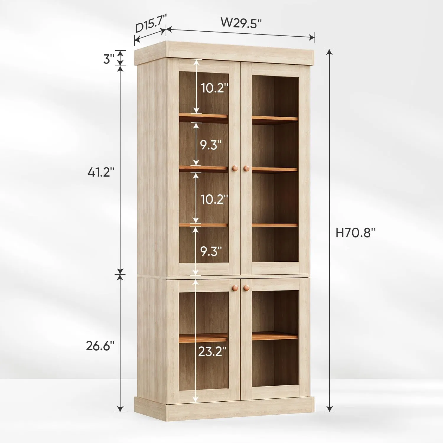 Farmhouse Large Storage Cabinet Display Bookcase with Glass Doors and Shelves