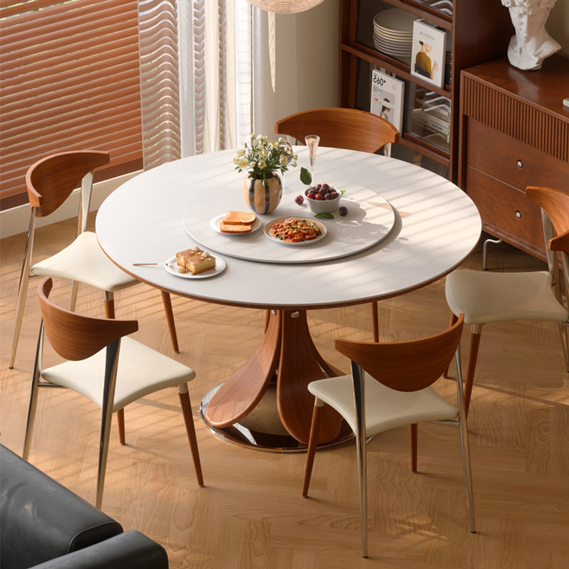 Solid Wood Household Ancient Chinese Style Round Dining Table Sintered Stone Top Round Dining Table with Turntable