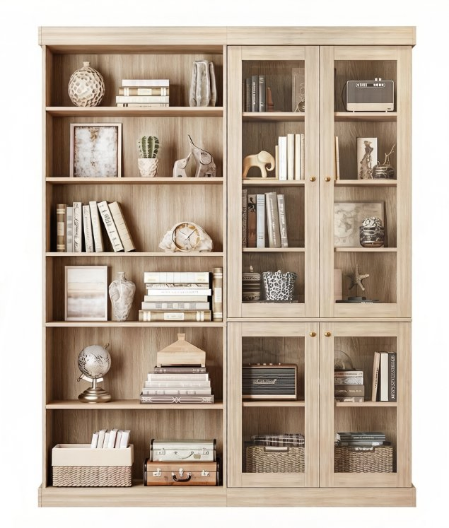 Farmhouse Large Storage Cabinet Display Bookcase with Glass Doors and Shelves