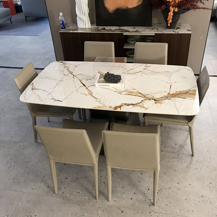 Chinese Factory Wholesale Italian Modern Event Banquet Kitchen Restaurant Luxury Rectangle Stone Dining Furniture Set Leather Chair Marble Slate Table
