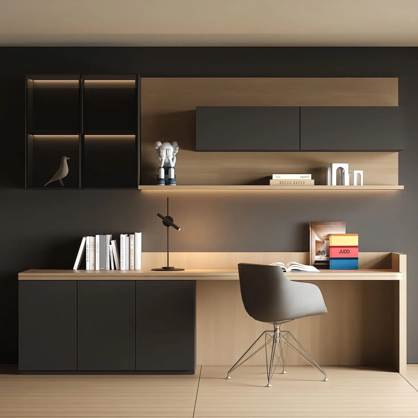 Chinese Factory Log Simple Art Style Custom Design Wooden Bookshelf Bookcase with Table