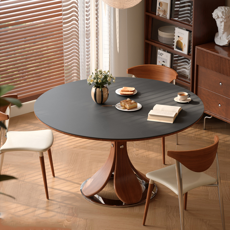 Solid Wood Household Ancient Chinese Style Round Dining Table Sintered Stone Top Round Dining Table with Turntable