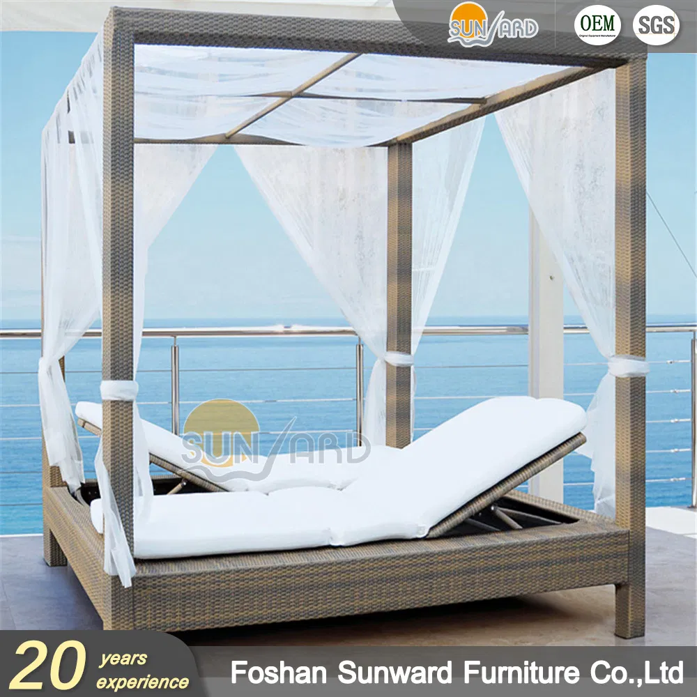 Modern Chinese Customized Outdoor Garden Hotel Home Resort Villa Project Balcony Leisure Aluminum PE Wicker Furniture Sofa Daybed with Canopy