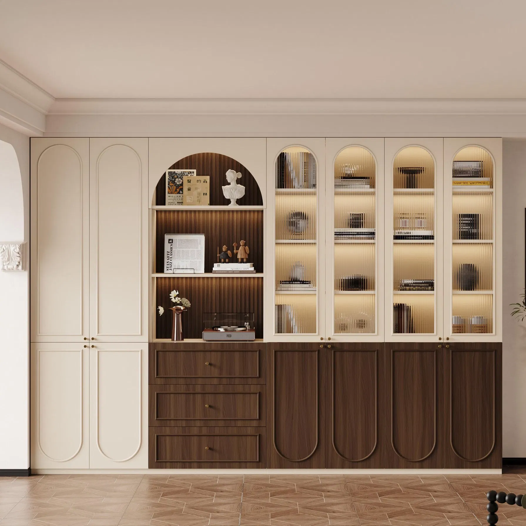 Light French Style White Curved Door Frame with Light and Desk Open Area Custom Size Design Custom Wooden Bookcase